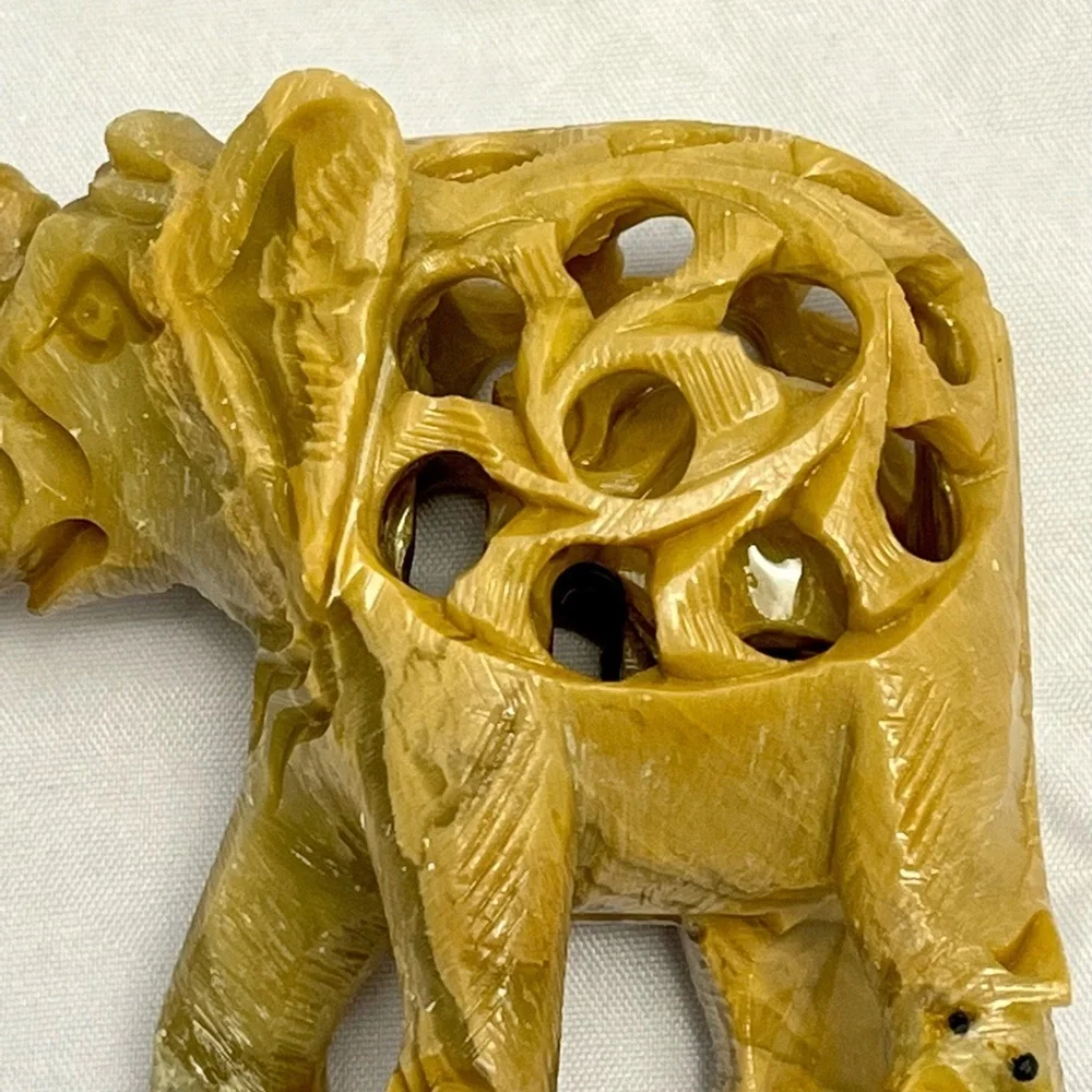 Hand Carved Soapstone Mother Elephant With Baby Calf Inside, Vintage, VGUC